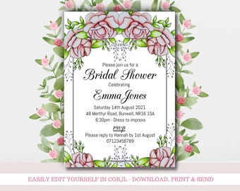 Floral Pink Bridal Shower Digital Invitation, Hen Party Invite Template, Bachelorette Party Hen do Invite, Instant Editable Party Invite