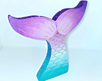 Ombre Glitter Mermaid Tail, Purple & Green Larger Mermaid Ornament, 15cm Freestanding Wood Tail Decoration, 3D Sparkly Tail Accent Decor