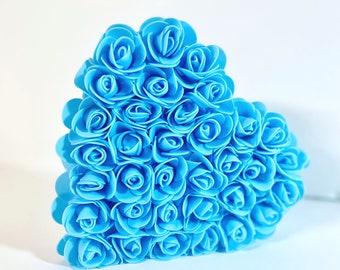 Blue Freestanding Wood Flower Heart, 15cm Floral Heart, Foam Rose Heart Ornament, Light Blue Wooden Heart, Wooden 3D Heart Shelf Decoration