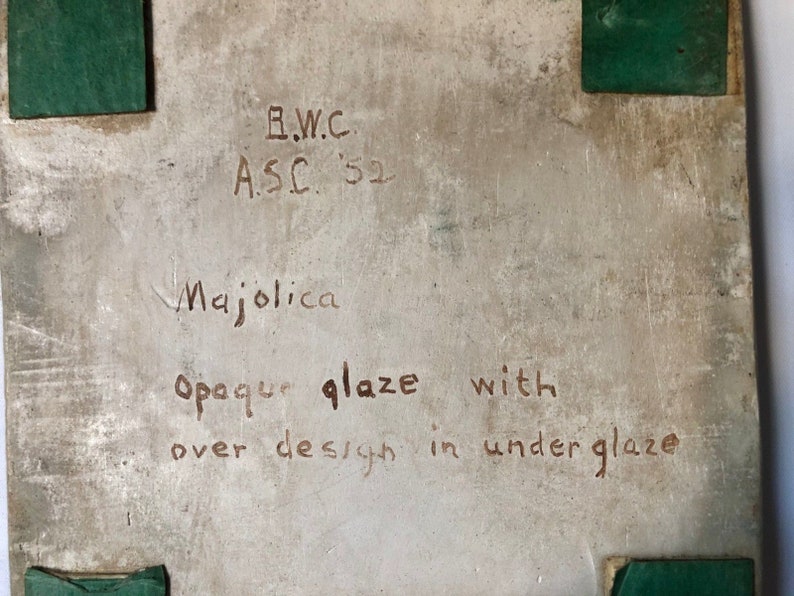 Mid Century 1950/'s Original Artist Signed Majolica Tile w Technique Notes 5 12