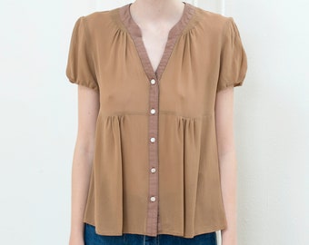 90s brown silk flutter sleeve blouse | sheer raw silk button down shirt