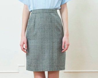 80s black wool plaid check mini pencil skirt small | high waisted minimal office skirt | minimalist windowpane check black white skirt