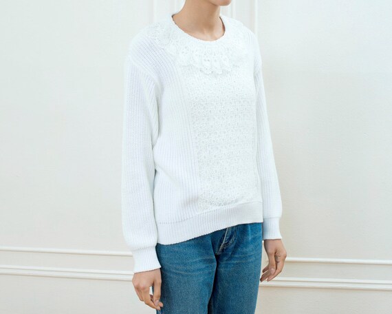 vintage white crochet sweater | ruffle crew neck … - image 3