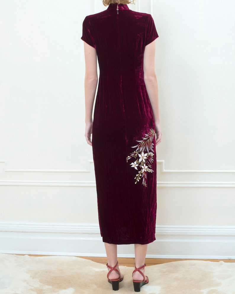 80s burgundy velvet cheongsam dress floral chinese sheath dress purple high neck evening dress image 5