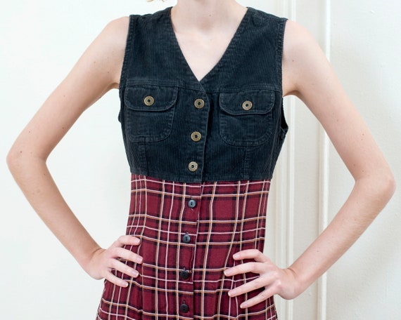 90s corduroy plaid grunge dress | black red maxi … - image 2