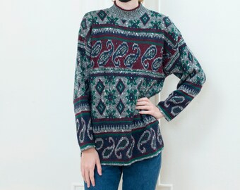 80s gray paisley print mockneck sweater | preppy printed high neck oversized sweater