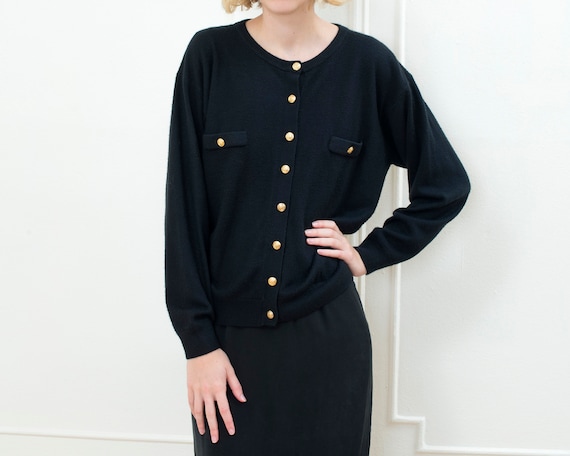 80s black cardigan | gold button minimalist oversi