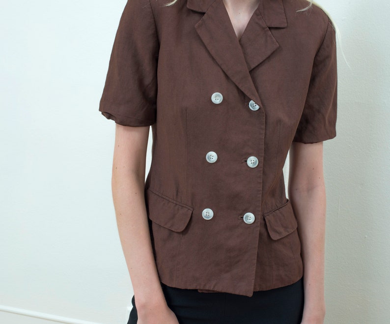 minimal double breasted chocolate brown safari jacket 80s minimalist short sleeve fitted jacket brown linen blazer small