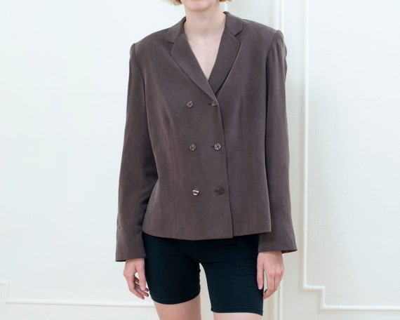 90s brown silk double breasted blazer | power sui… - image 3