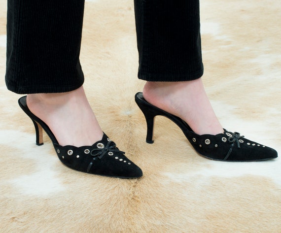 90s van eli black suede studded kitten heel mules