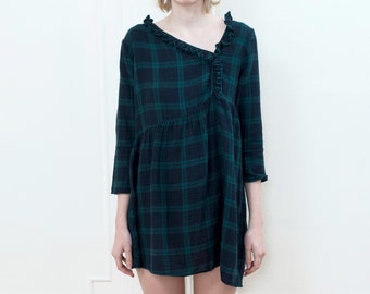 90s plaid ruffle baby doll dress | navy green plaid check mini dress | school girl dress | preppy plaid dress