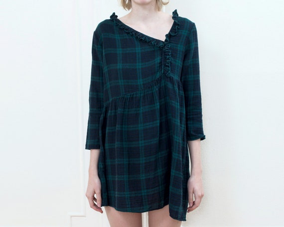 90s plaid ruffle baby doll dress | navy green pla… - image 1