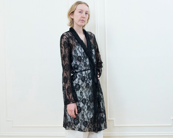 80s black lace robe | minimalist romantic sheer b… - image 4