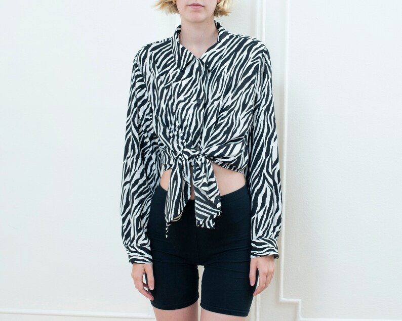 80s zebra print blouse xl silky printed blouse black white oversized button down shirt animal print collared shirt boxy blouse