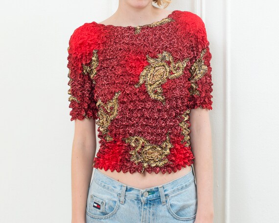 90s red micropleat blouse | paisley print popcorn