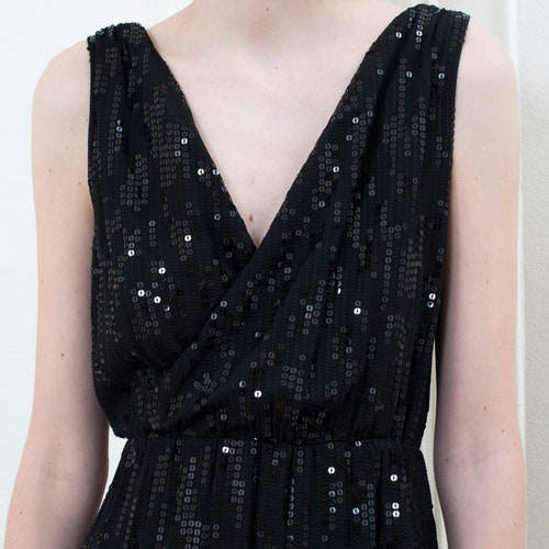 80s black sequin beaded mini dress small | plunging neck minimalist evening party cocktail dress | minimal drape front cabaret holiday shops dress