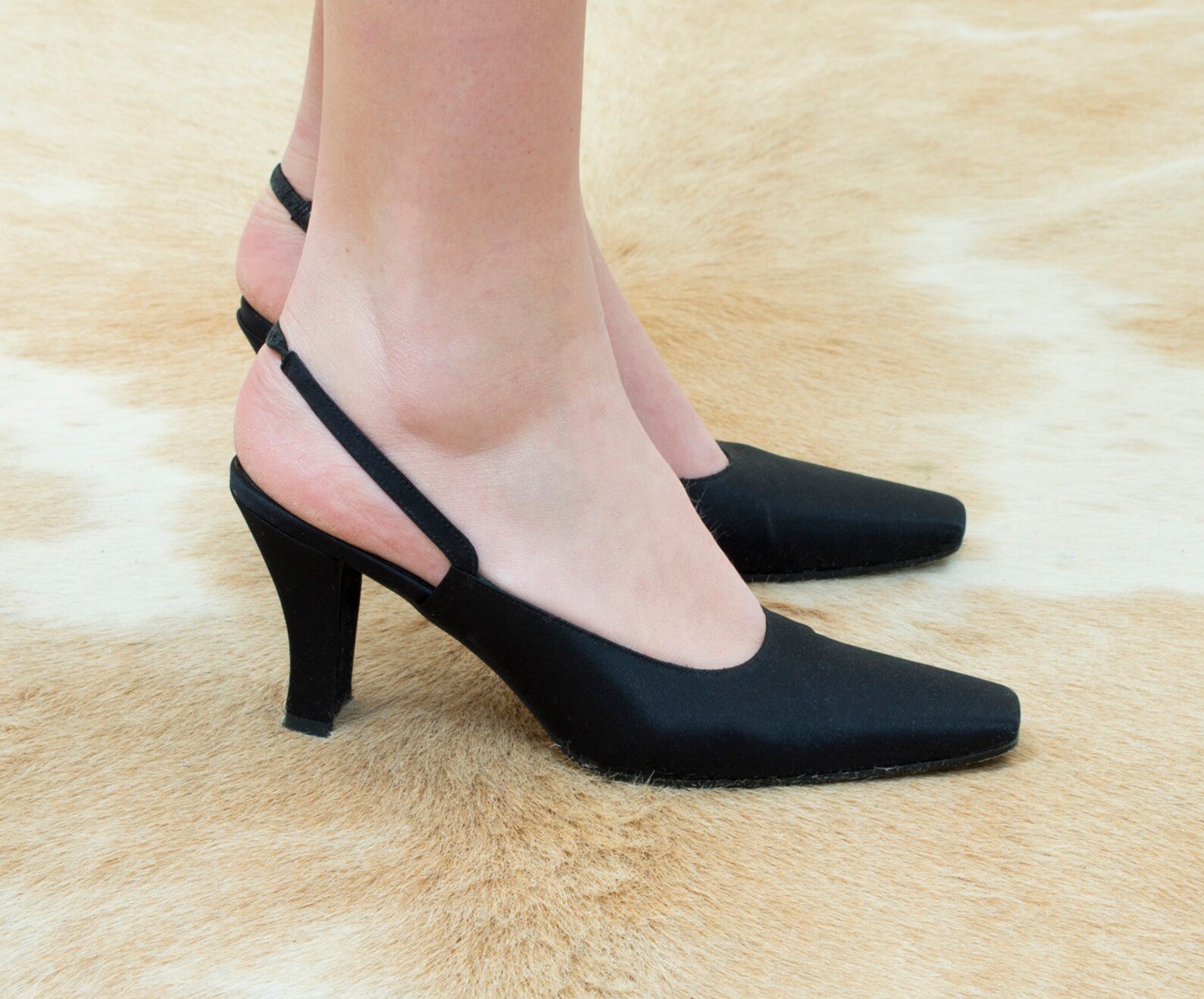 90s Black Satin Slingback Pumps 7.5 Minimalist High Heels | Etsy