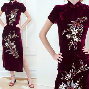 80s burgundy velvet cheongsam dress floral chinese sheath dress purple high neck evening dress image 1