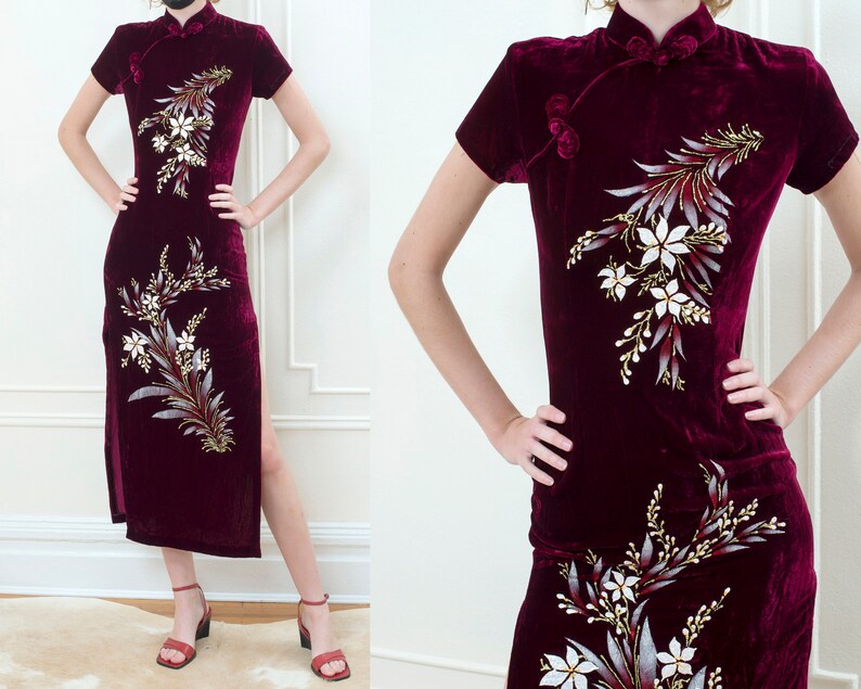 80s burgundy velvet cheongsam dress floral chinese sheath dress purple high neck evening dress image 1