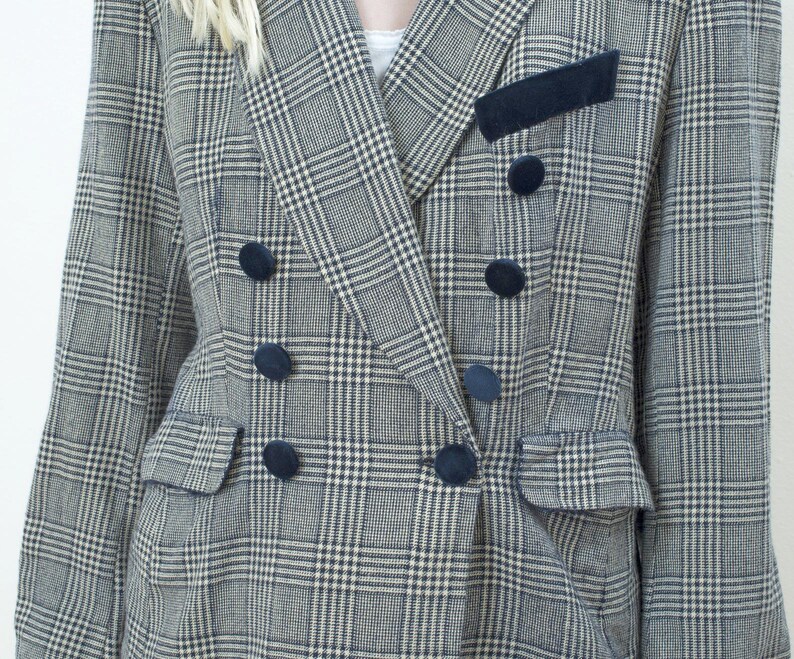 80s navy check wool blazer medium plaid wool velvet double breasted blazer minimalist velvet trim blazer minimal preppy blazer image 2