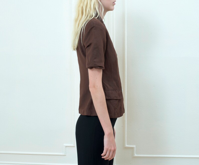 minimal double breasted chocolate brown safari jacket 80s minimalist short sleeve fitted jacket brown linen blazer small