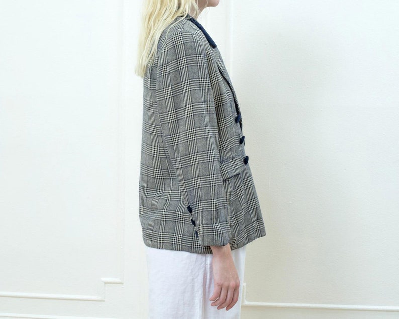 80s navy check wool blazer medium plaid wool velvet double breasted blazer minimalist velvet trim blazer minimal preppy blazer image 6