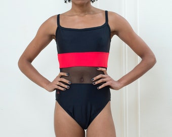 90s speedo black red mesh one piece swimsuit medium | scoop back sheer mesh 1 piece bathing suit | striped swimsuit | red stripe 1 pc