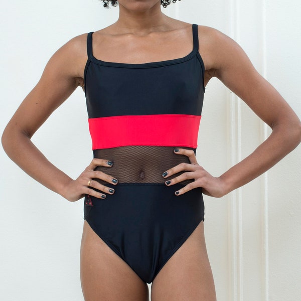 90s speedo black red mesh one piece swimsuit medium | scoop back sheer mesh 1 piece bathing suit | striped swimsuit | red stripe 1 pc