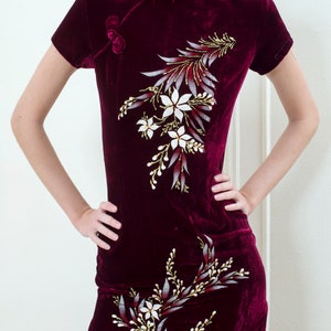 80s burgundy velvet cheongsam dress floral chinese sheath dress purple high neck evening dress image 6