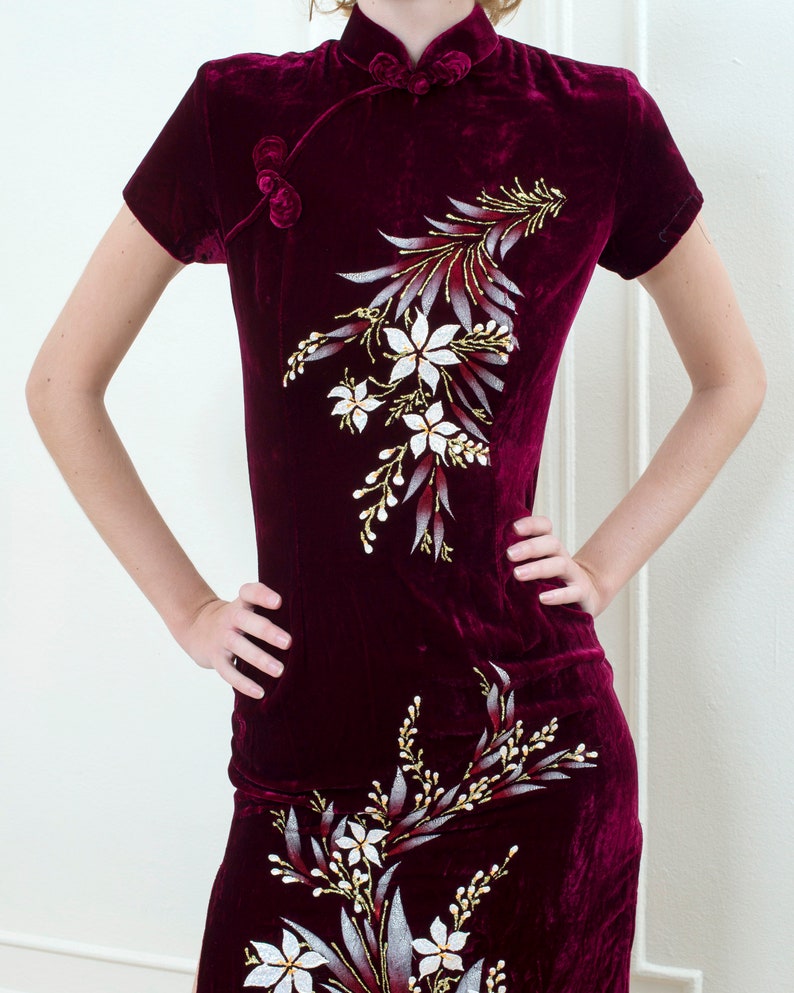 80s burgundy velvet cheongsam dress floral chinese sheath dress purple high neck evening dress image 6