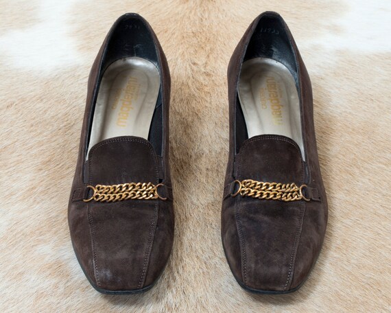 70s brown suede shoes 9.5 | block heel leather lo… - image 2
