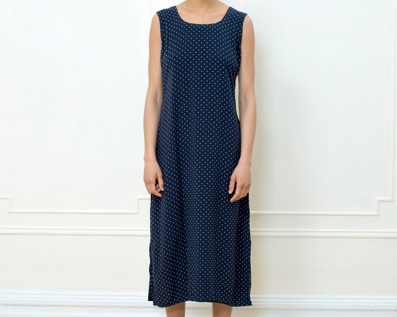 navy and white polka dot midi dress