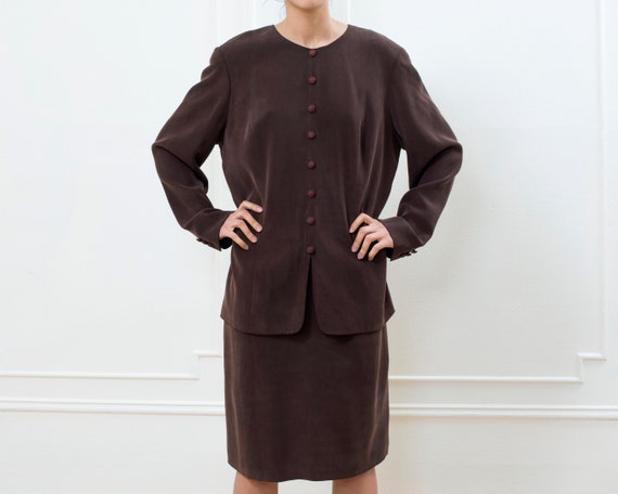 90s brown silk midi dress large | dark brown silk