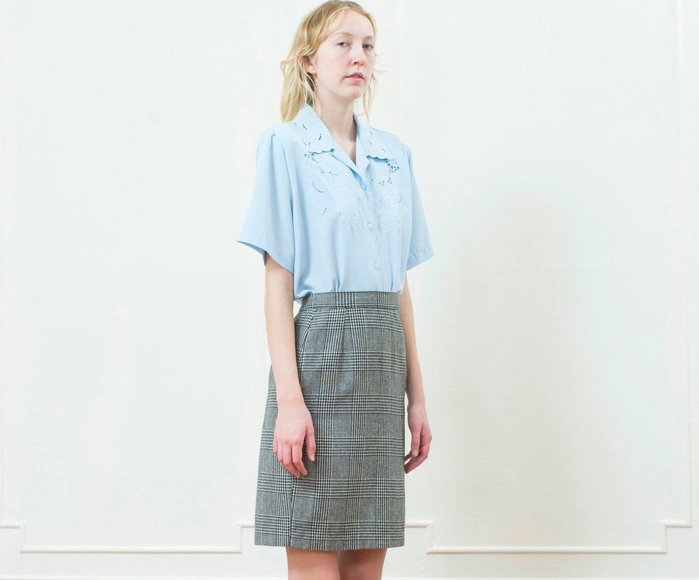 80s Black Wool Plaid Check Mini Pencil Skirt Small High - Etsy