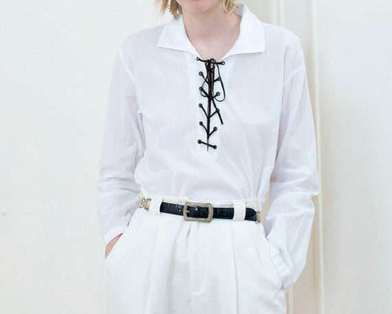 90s white lace up blouse medium | minimalist leath