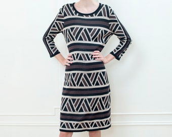90s anne klein black printed maxi sweater dress | brown knit geometric print long dress