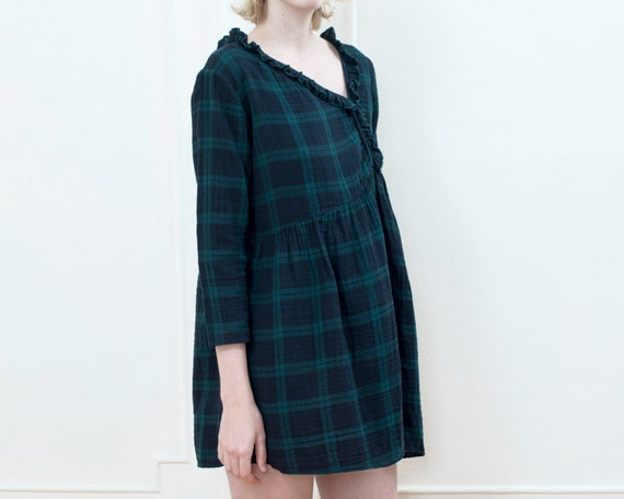 90s plaid ruffle baby doll dress | navy green pla… - image 4