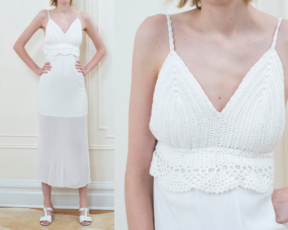 90s white crochet bohemian maxi dress small | long