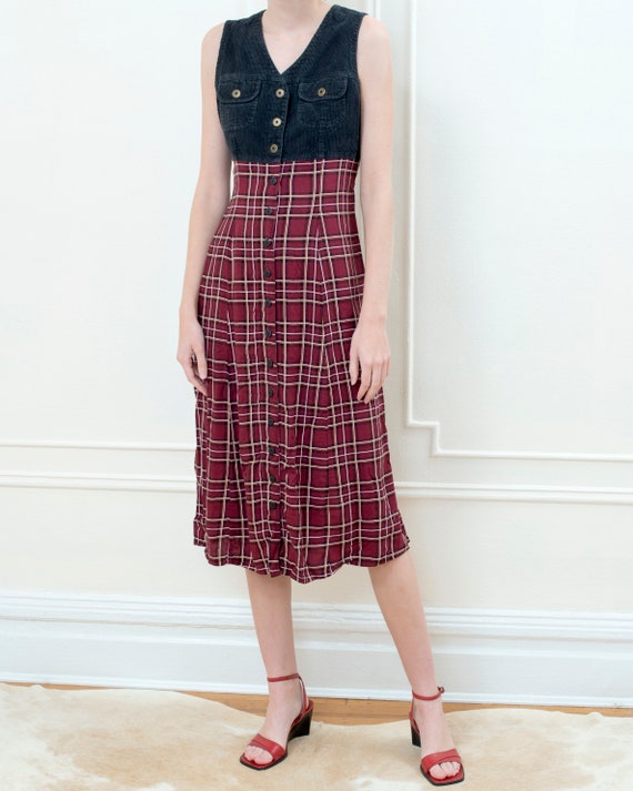 90s corduroy plaid grunge dress | black red maxi … - image 7