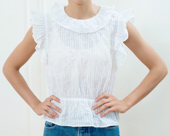 90s white cotton ruffle blouse small | sheer strip