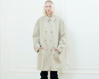 90s beige trench coat large | khaki trenchcoat | minimal london fog coat | taupe minimalist raincoat | double breasted tan collared overcoat