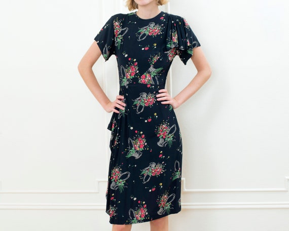 30s black floral midi dress small | flower print … - image 1