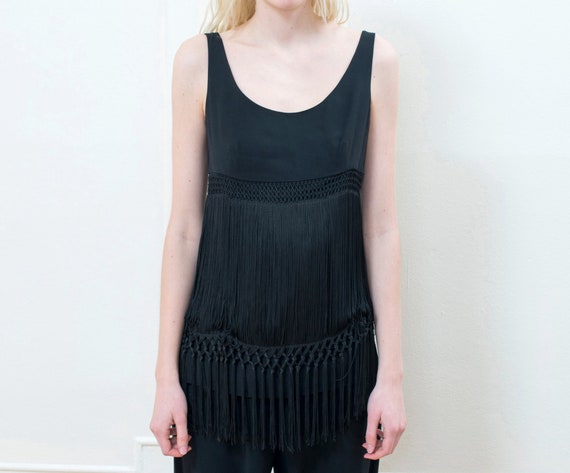 90s moschino black fringe blouse | flapper evening