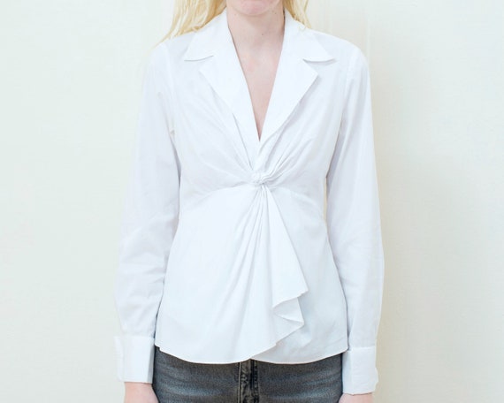 white cotton draped blouse | 90s collared shirt |… - image 1