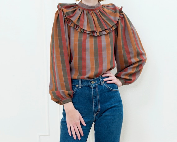 brown striped ballon sleeve blouse | 70s ruffle co