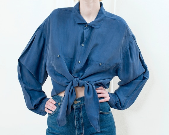 90s perry ellis blue silk blouse xl | oversized bl