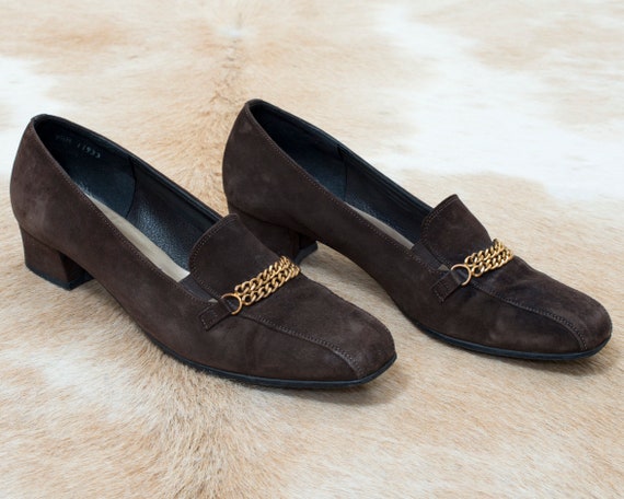 70s brown suede shoes 9.5 | block heel leather lo… - image 3