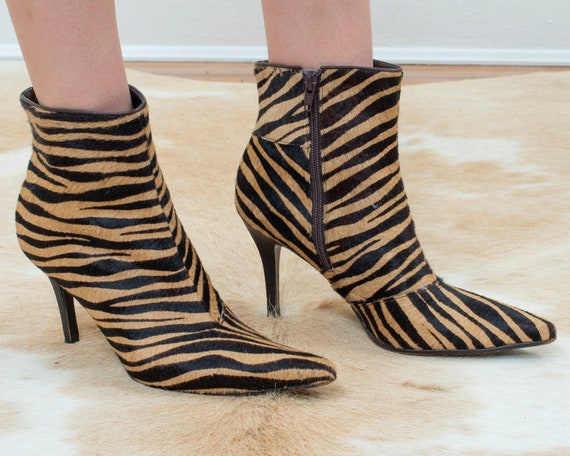 90s brown zebra calf hair boots 8.5 | stiletto pon