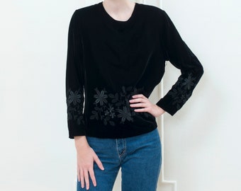 80s black velvet floral embroidered blouse
