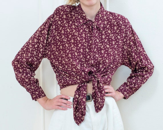 80s purple silk blouse | burgundy silk printed dar